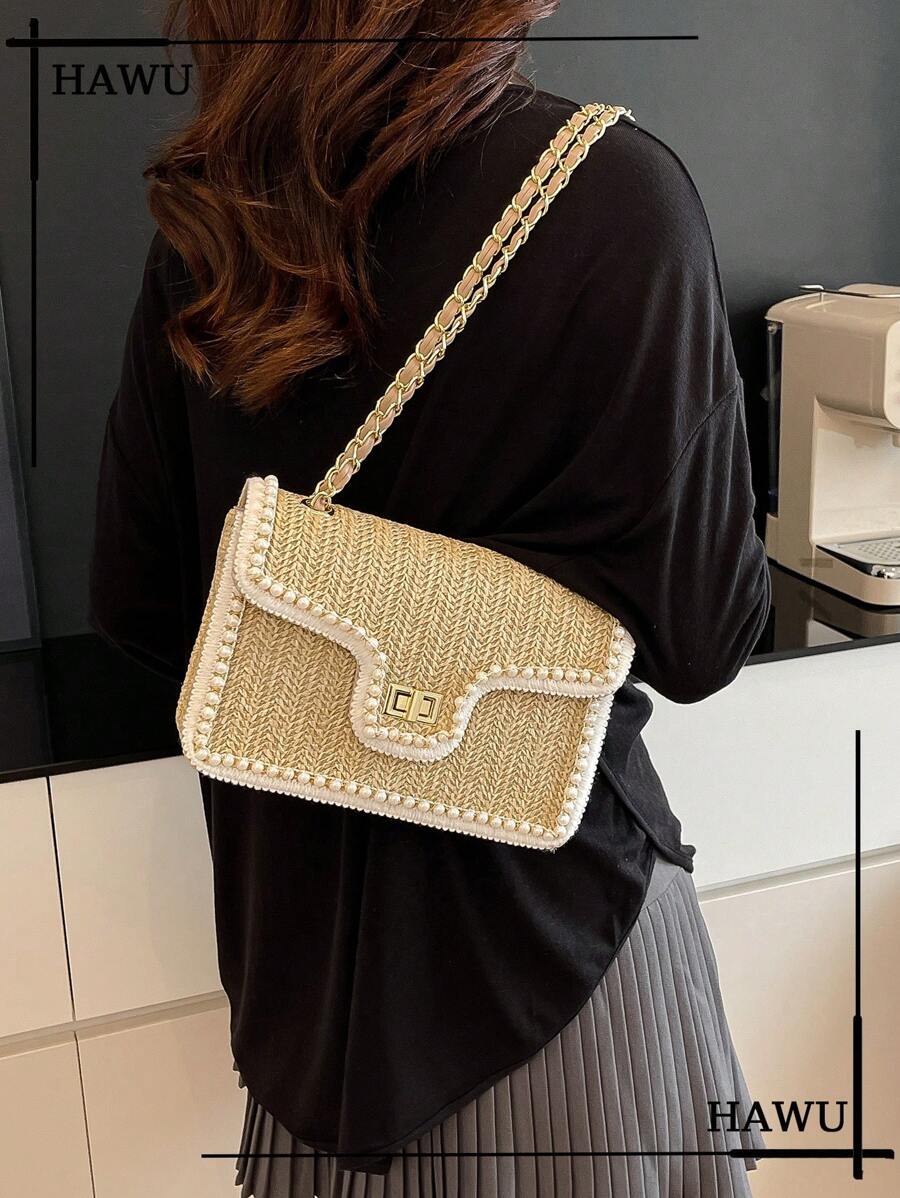 Straw Shoulder Bag with Faux Pearl Decor for Women, Perfect Beach Vacation Accessory, Trendy Summer Handbag for Travel, Holiday and Leisure