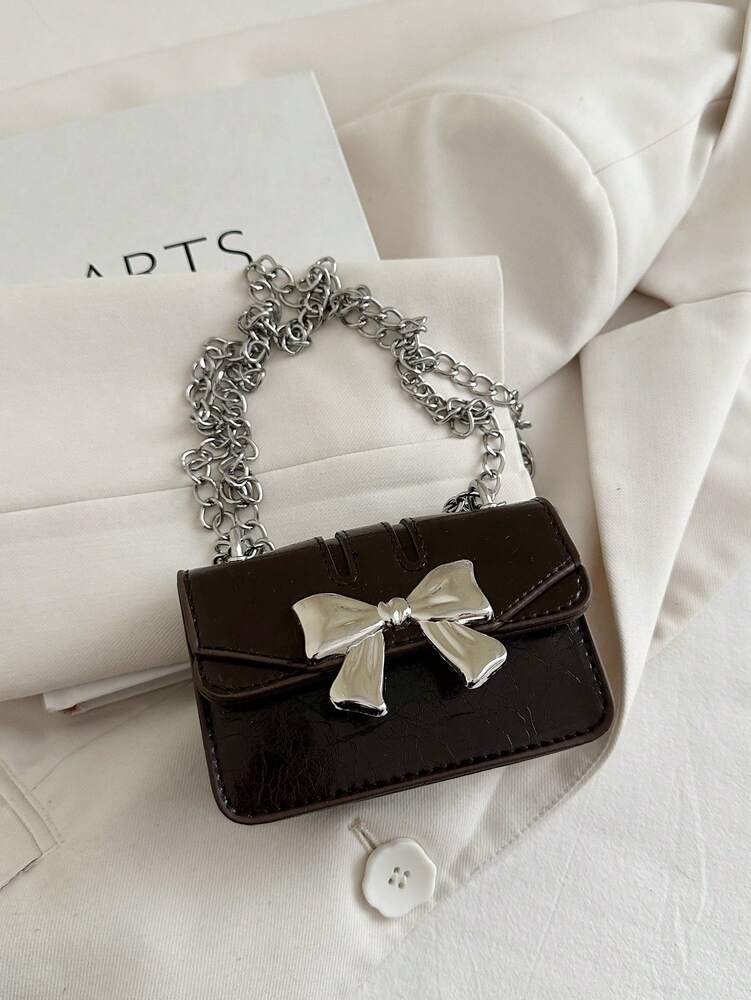 Fashionable Mini Square Crossbody Bag with Bow Decoration and Double Chain, Ideal for Fall and Winter, Lightweight Daily Purse for Students and Women